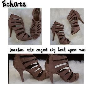 SCHUTZ Taupe Suede Caged Open-Toe Zip Heels